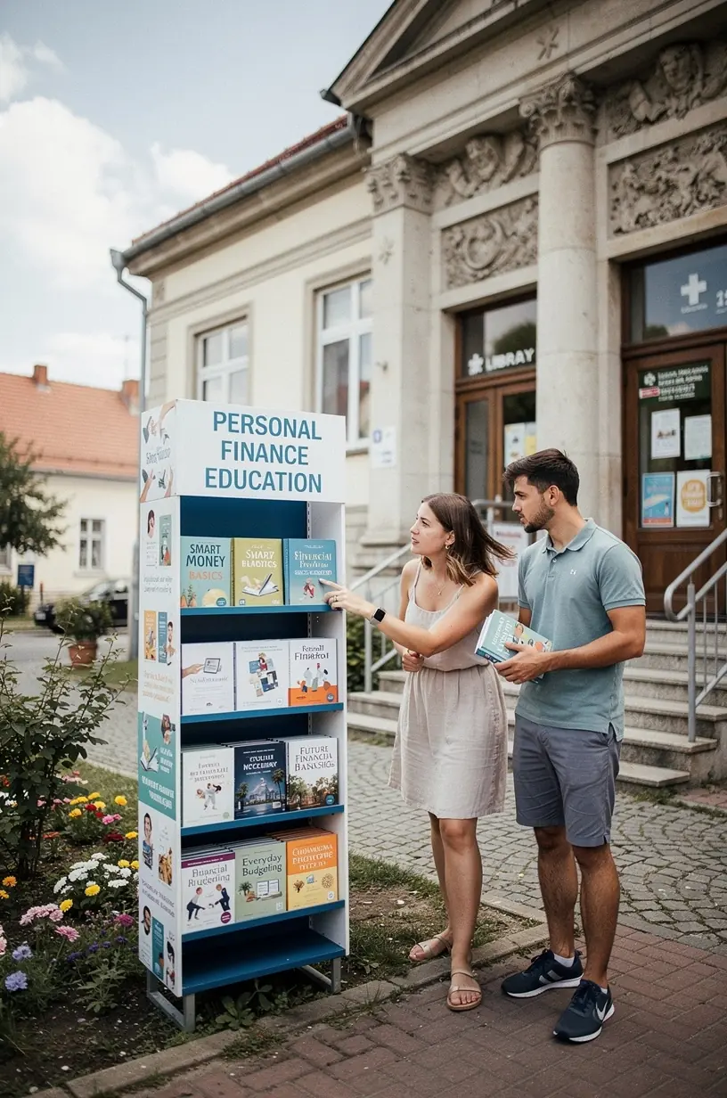 Oktató könyvsorozat polcon, amelyek pénzügyi szervezés és reális tervezés témakörét fedik le.